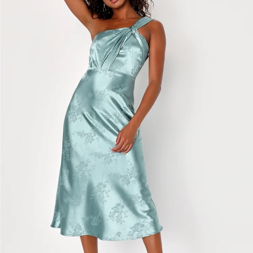 Adored Arrival Sage Blue Floral Satin One-Shoulder Midi Dress